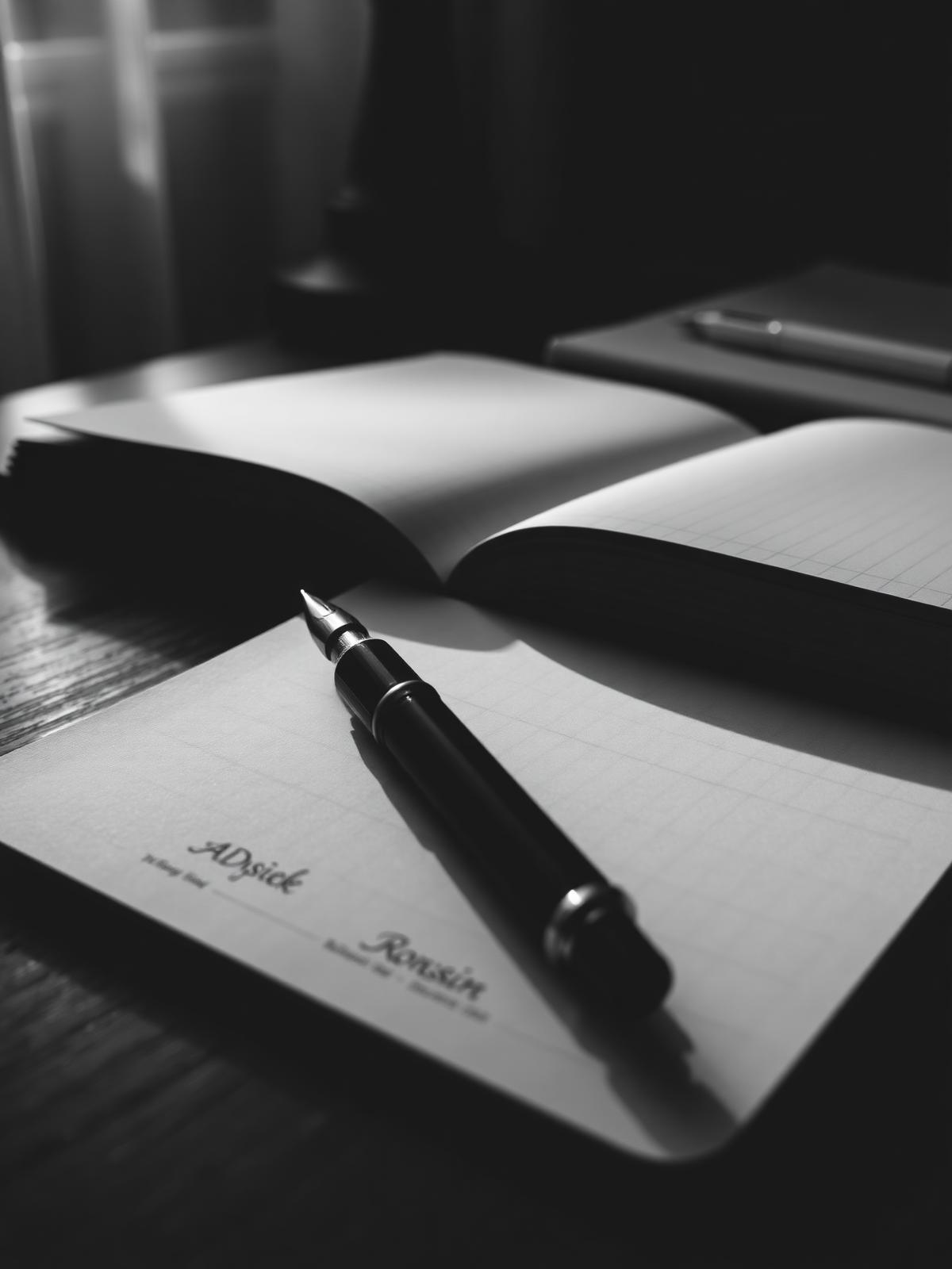 Caderno aberto com caneta-tinteiro sobre escrivaninha de madeira